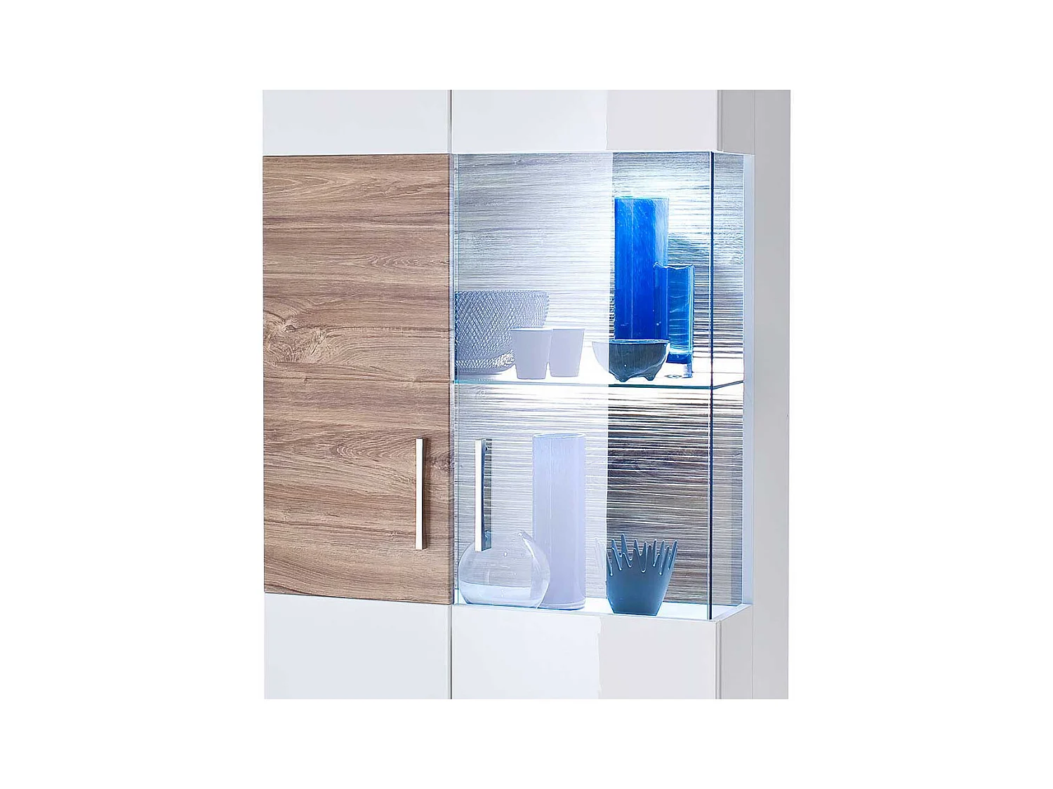 Design Vitrine in Weiß Hochglanz und Eiche Dekor 2-türig