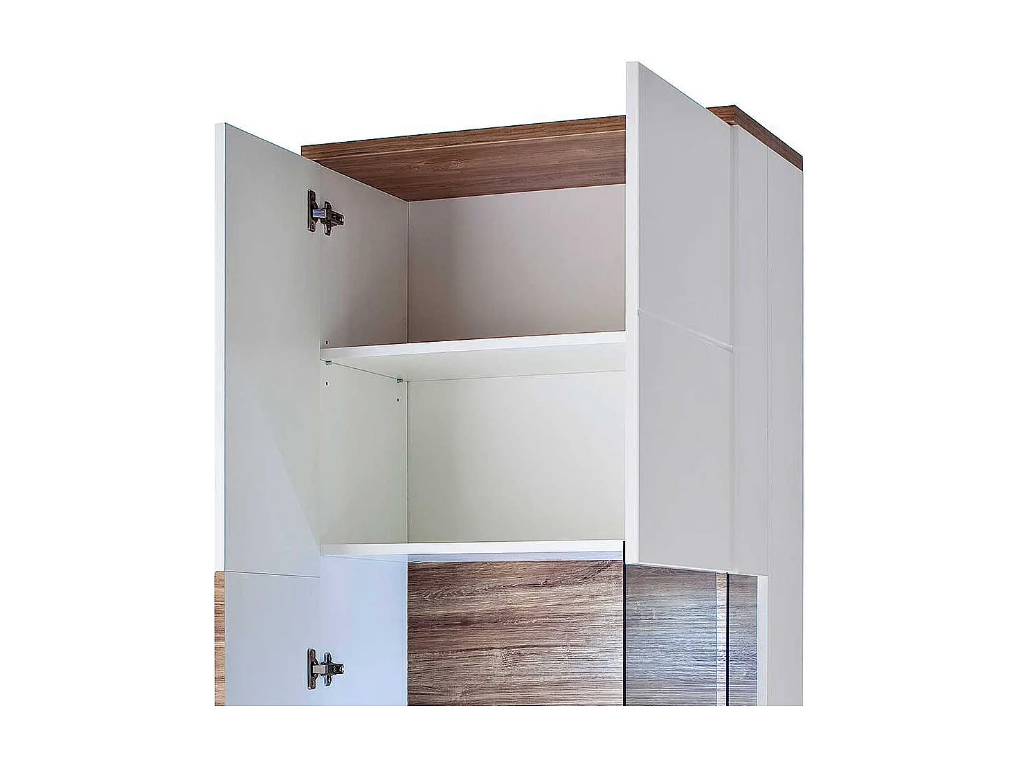 Design Vitrine in Weiß Hochglanz und Eiche Dekor 2-türig