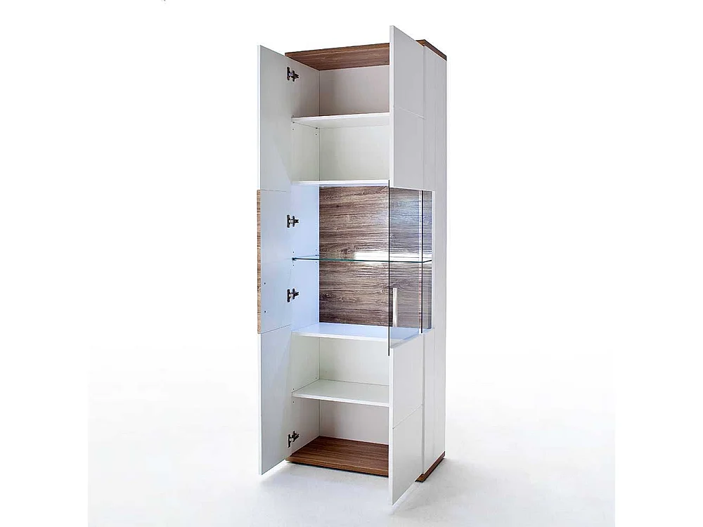 Design Vitrine in Weiß Hochglanz und Eiche Dekor 2-türig