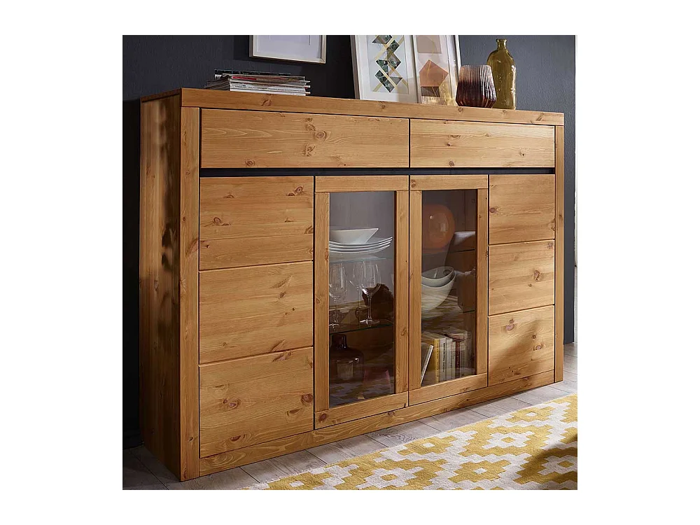 Wohnzimmer Highboard Vitrine in Eichefarben Kiefer Massivholz