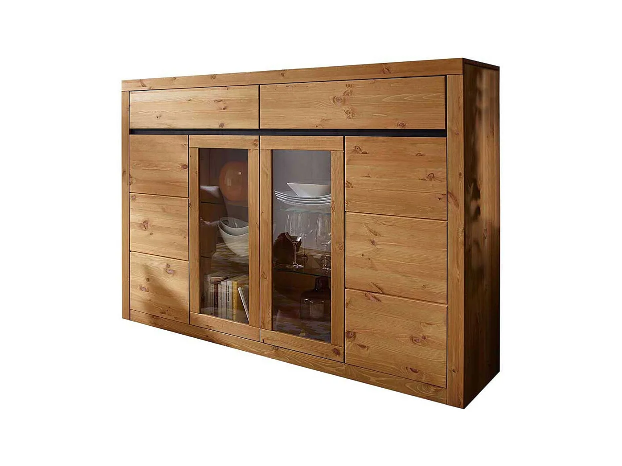 Wohnzimmer Highboard Vitrine in Eichefarben Kiefer Massivholz
