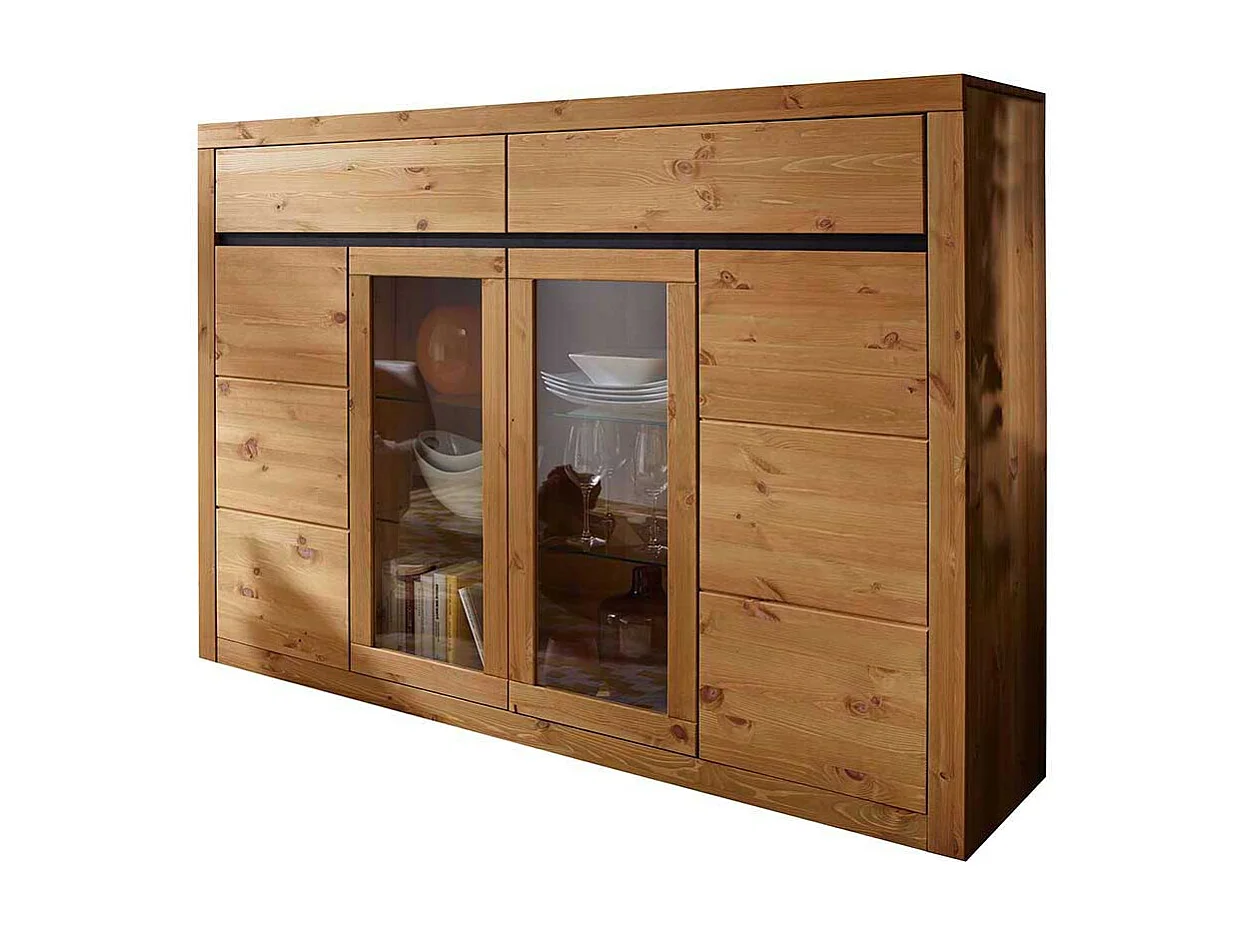 Wohnzimmer Highboard Vitrine in Eichefarben Kiefer Massivholz