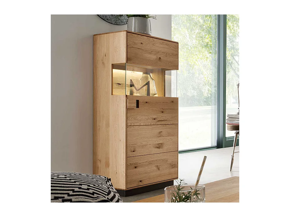 Massive Wohnzimmer Vitrine aus Wildeiche und Eiche LED Beleuchtung