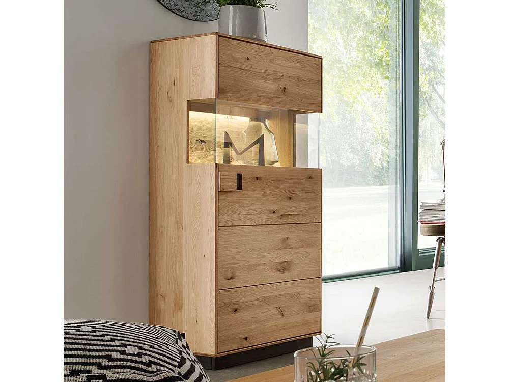Massive Wohnzimmer Vitrine aus Wildeiche und Eiche LED Beleuchtung