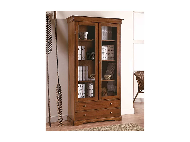 Klassische Vitrine Stilmöbel in Nussbaumfarben zwei Schubladen und Glastüren