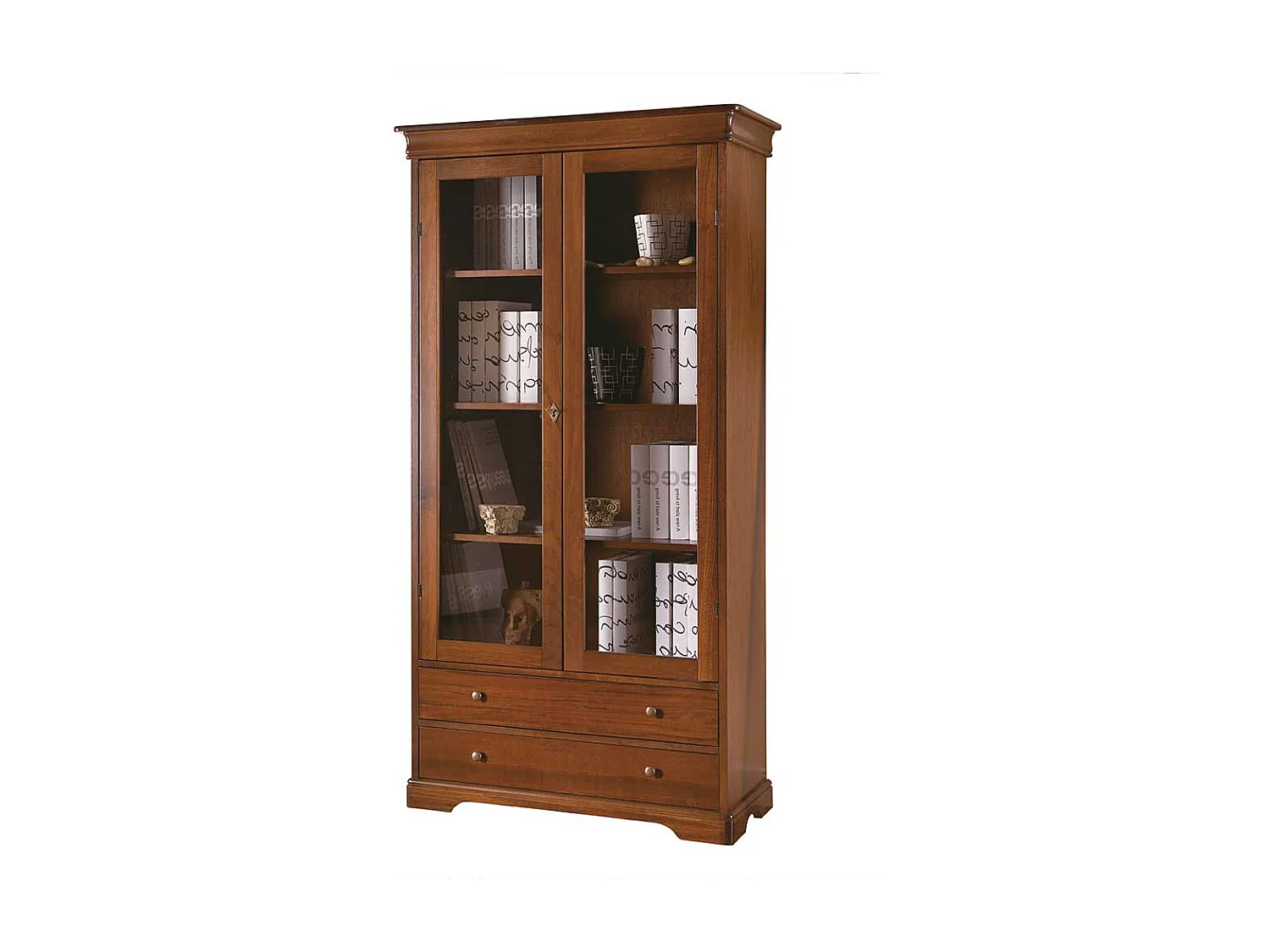 Klassische Vitrine Stilmöbel in Nussbaumfarben zwei Schubladen und Glastüren