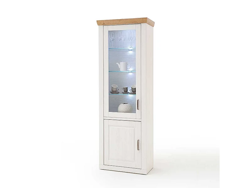 Landhaus Vitrinenschrank in Weiß und Eiche Optik 210 cm hoch