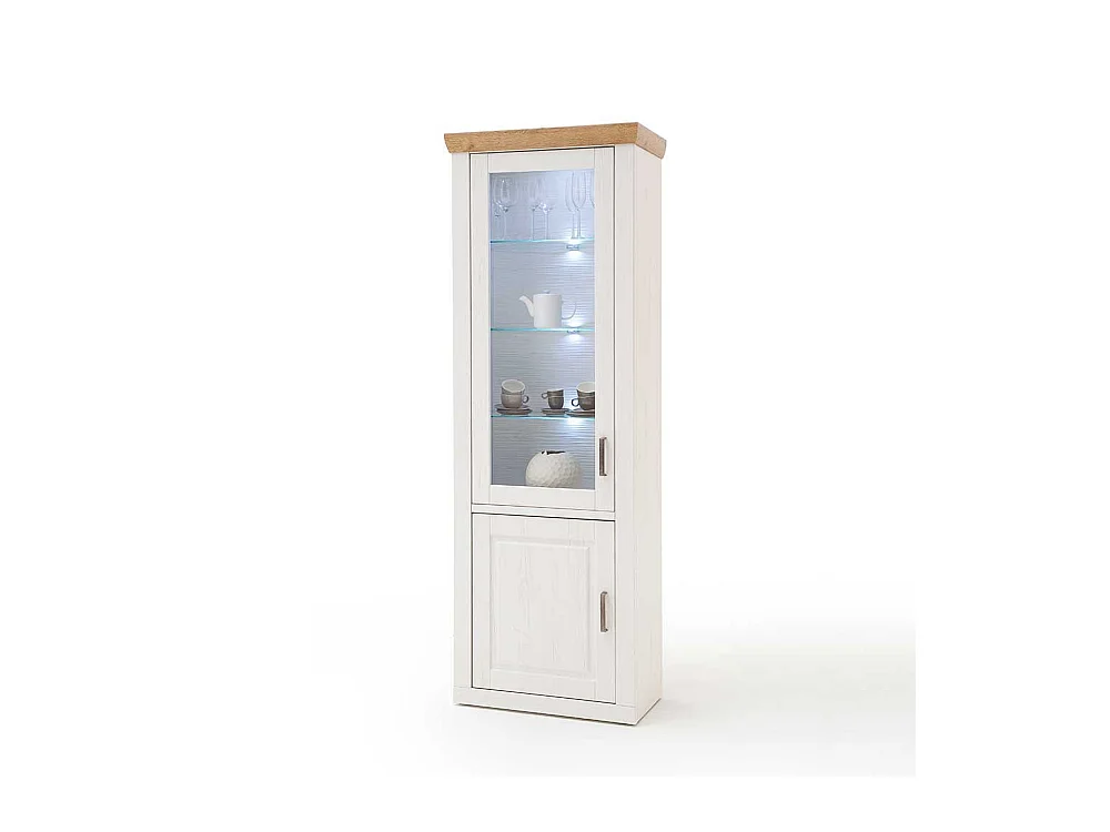Landhaus Vitrinenschrank in Weiß und Eiche Optik 210 cm hoch