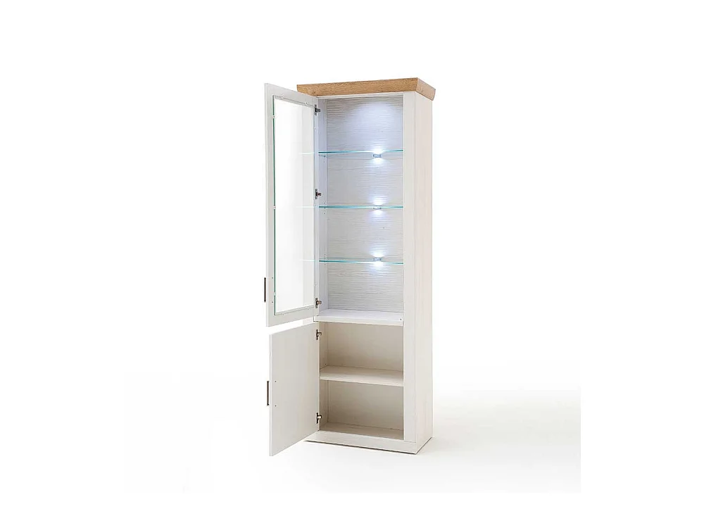 Landhaus Vitrinenschrank in Weiß und Eiche Optik 210 cm hoch