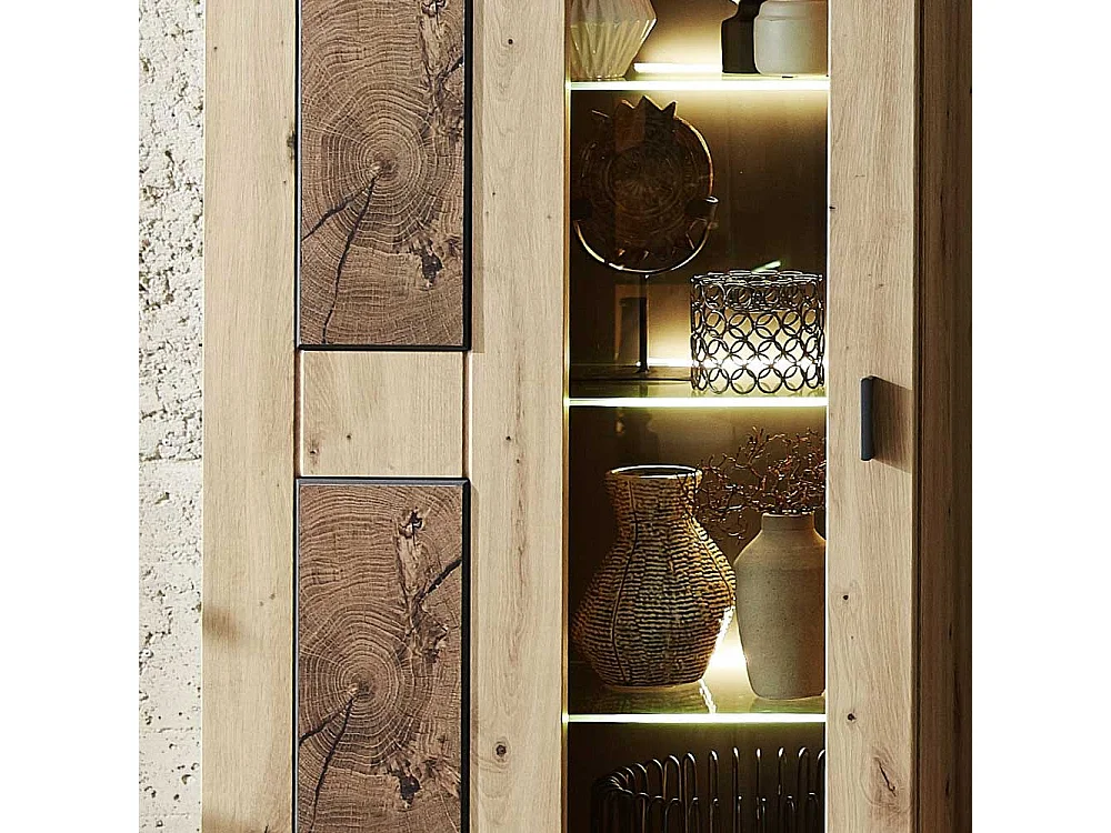 Schrank Vitrine in Wildeiche Hirnholz Optik 65 cm breit