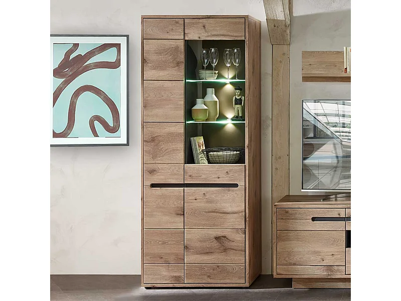 Moderner Vitrinenschrank in Wildeichefarben LED Beleuchtung