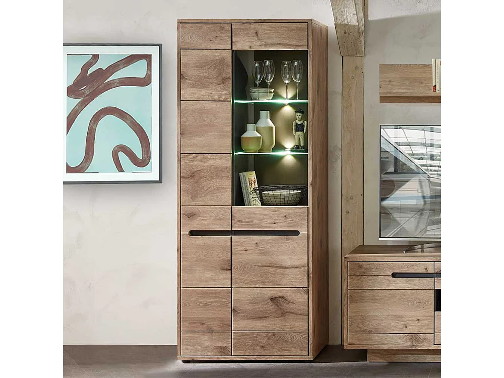 Moderner Vitrinenschrank in Wildeichefarben LED Beleuchtung