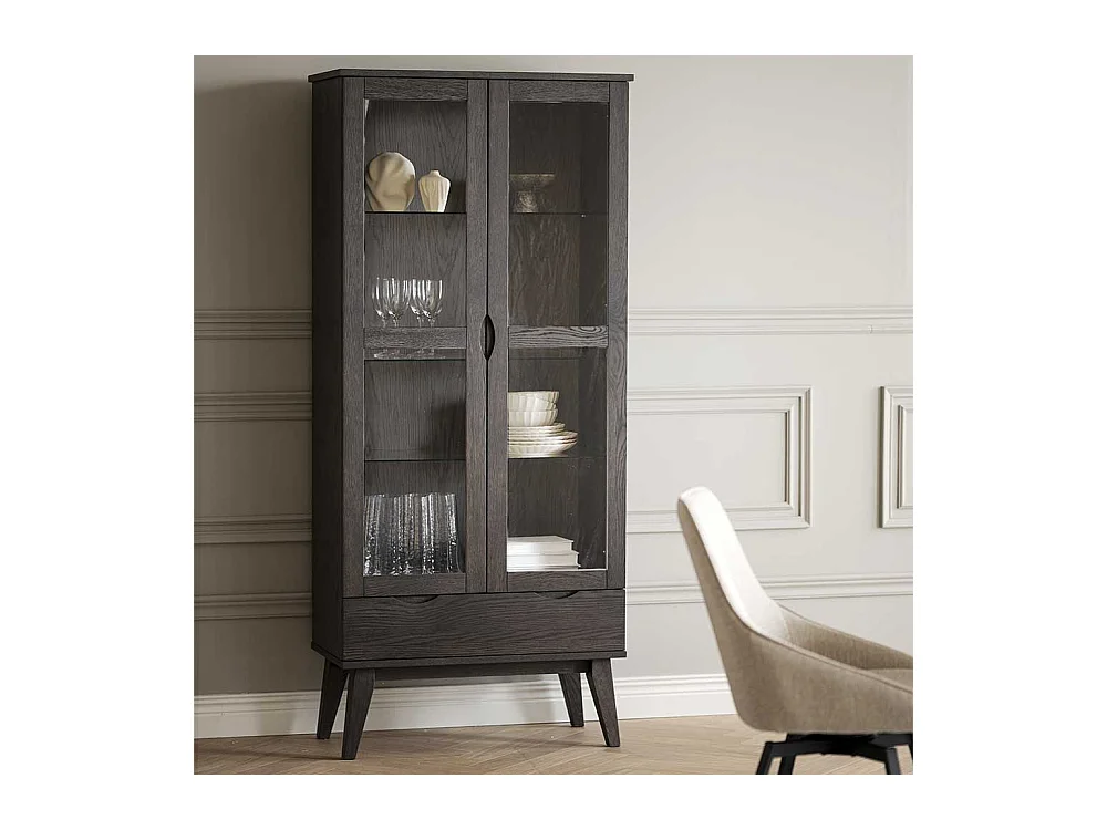 Skandi Vitrine in Eiche Dunkelbraun zwei Glastüren und einer Schublade