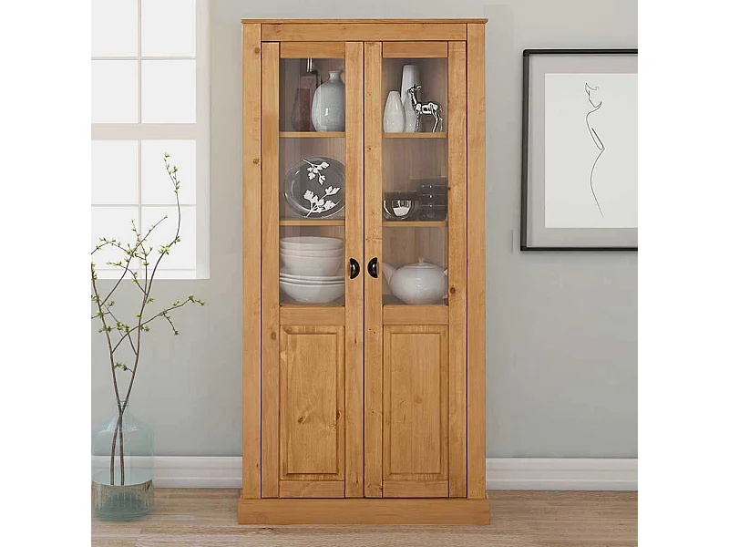 Vitrine Standvitrine aus Kiefer Massivholz mit Glastüren