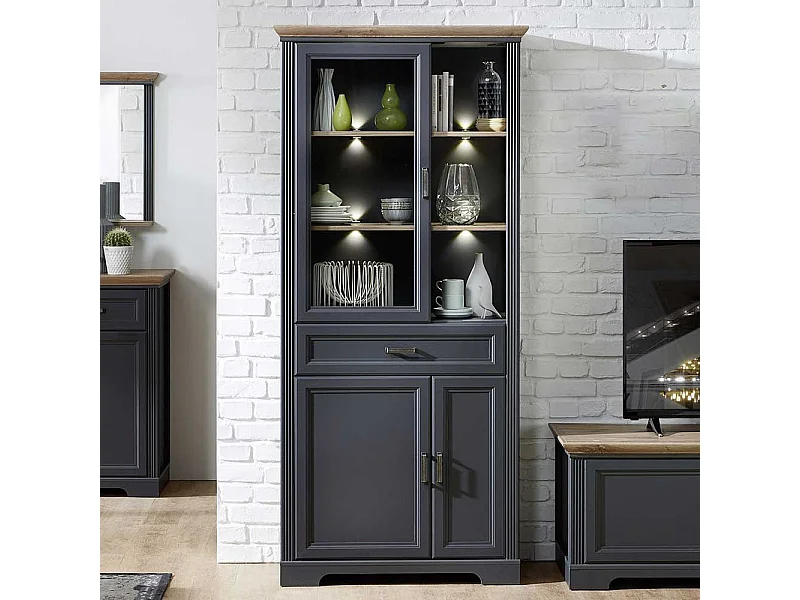 Landhaus Vitrine in Dunkelgrau und Eichefarben LED Beleuchtung