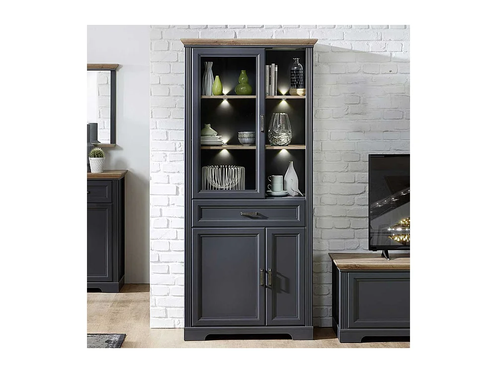 Landhaus Vitrine in Dunkelgrau und Eichefarben LED Beleuchtung