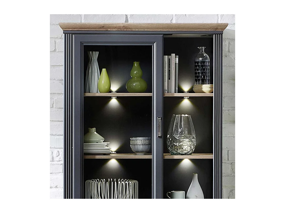 Landhaus Vitrine in Dunkelgrau und Eichefarben LED Beleuchtung