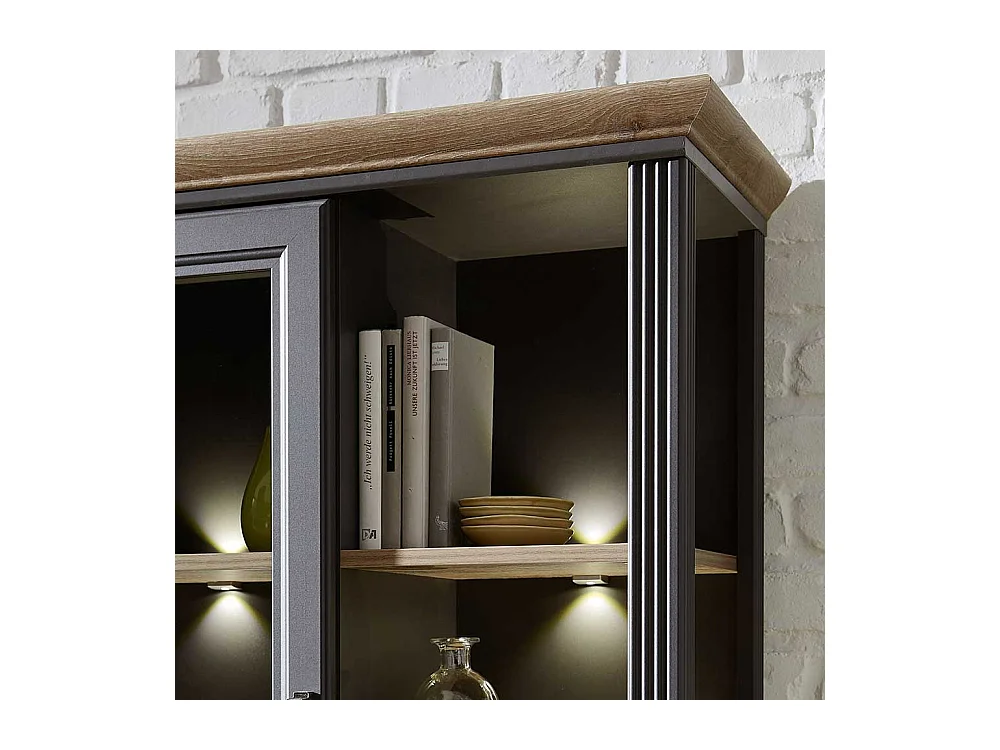 Landhaus Vitrine in Dunkelgrau und Eichefarben LED Beleuchtung