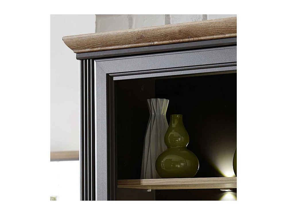 Landhaus Vitrine in Dunkelgrau und Eichefarben LED Beleuchtung