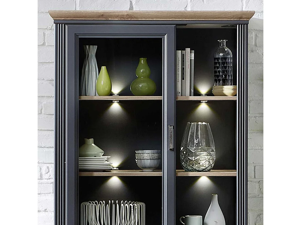 Landhaus Vitrine in Dunkelgrau und Eichefarben LED Beleuchtung