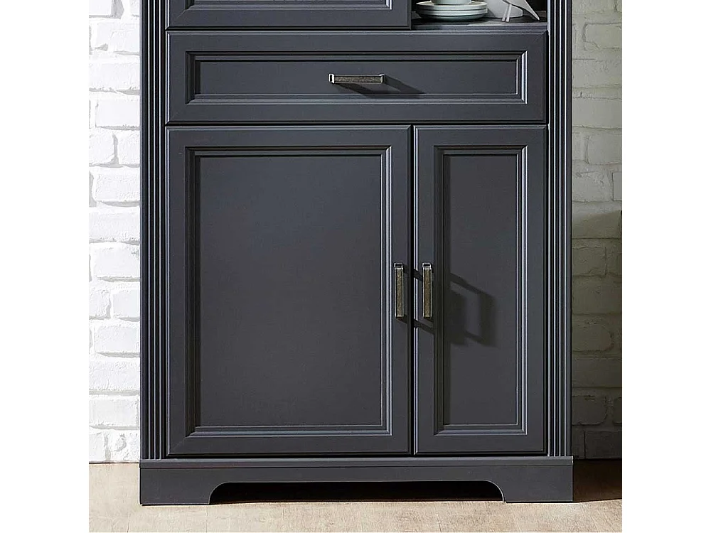 Landhaus Vitrine in Dunkelgrau und Eichefarben LED Beleuchtung