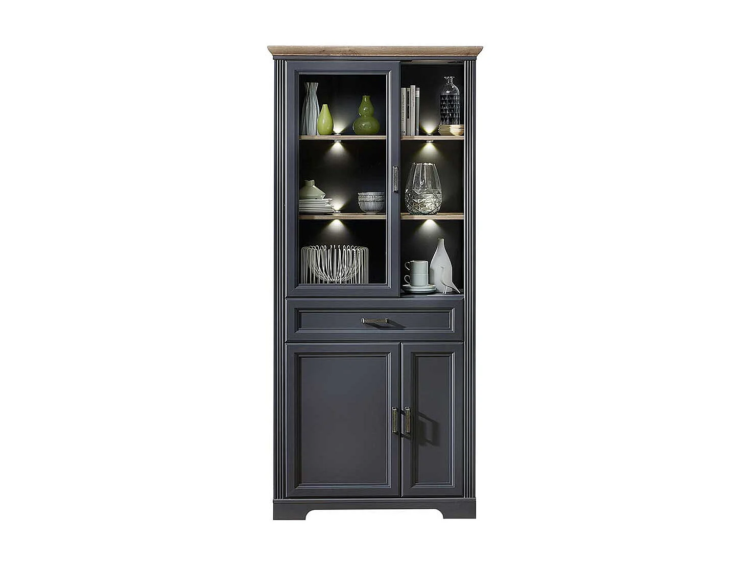 Landhaus Vitrine in Dunkelgrau und Eichefarben LED Beleuchtung