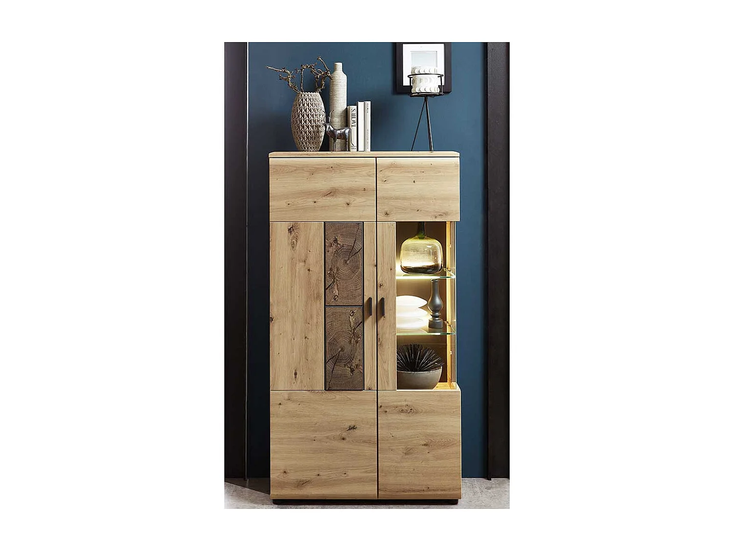 Vitrine in Wildeiche Hirnholz Optik 80 cm breit