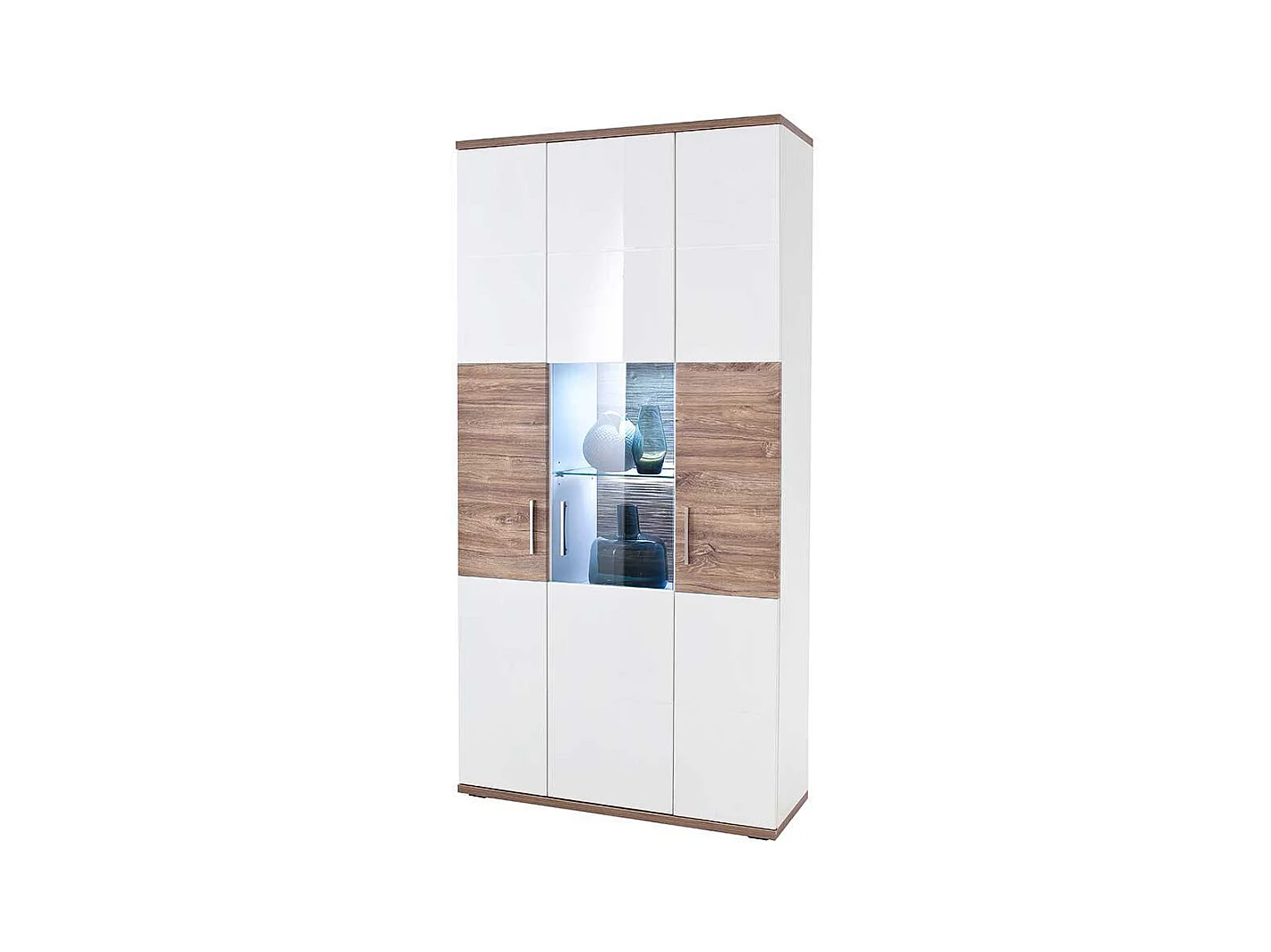 Kombi Vitrine in Weiß Hochglanz und Eiche Dekor 100 cm breit