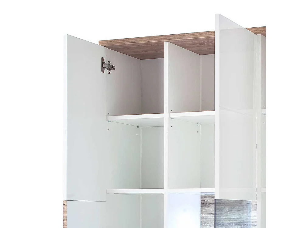 Kombi Vitrine in Weiß Hochglanz und Eiche Dekor 100 cm breit