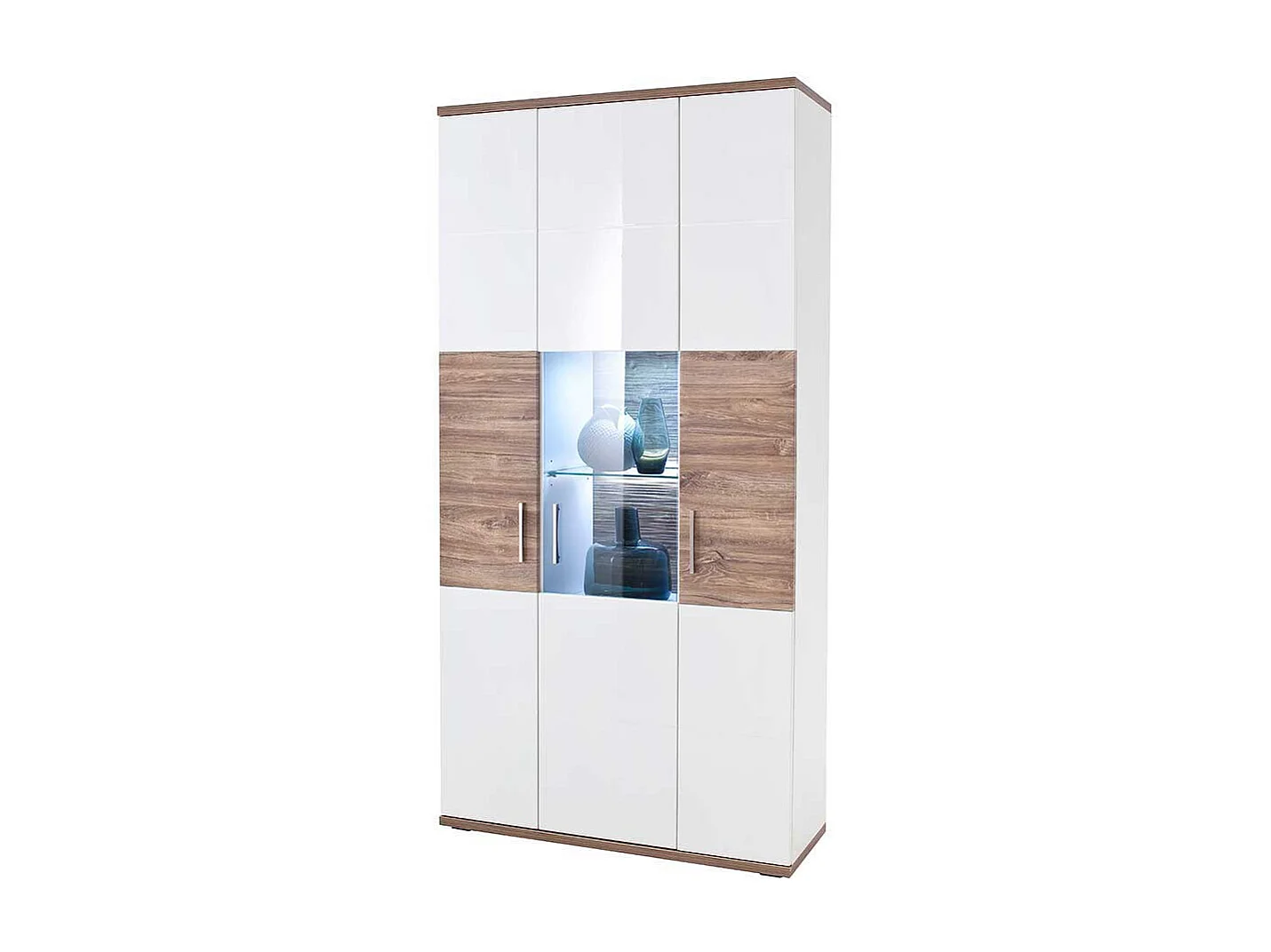 Kombi Vitrine in Weiß Hochglanz und Eiche Dekor 100 cm breit