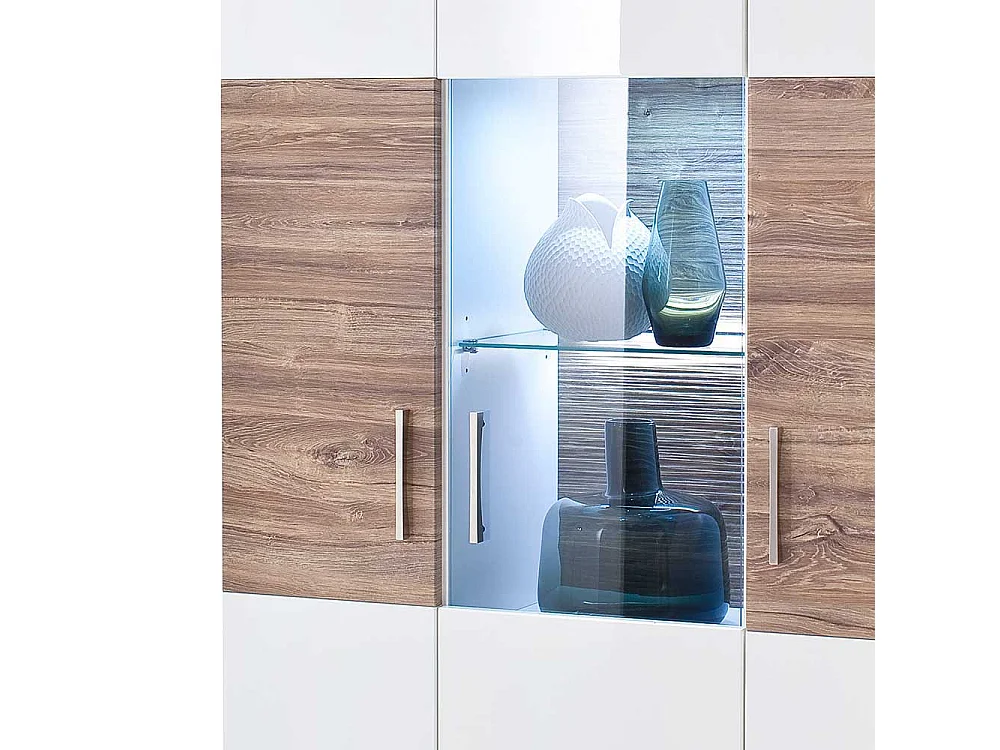 Kombi Vitrine in Weiß Hochglanz und Eiche Dekor 100 cm breit