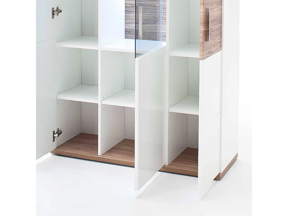 Kombi Vitrine in Weiß Hochglanz und Eiche Dekor 100 cm breit