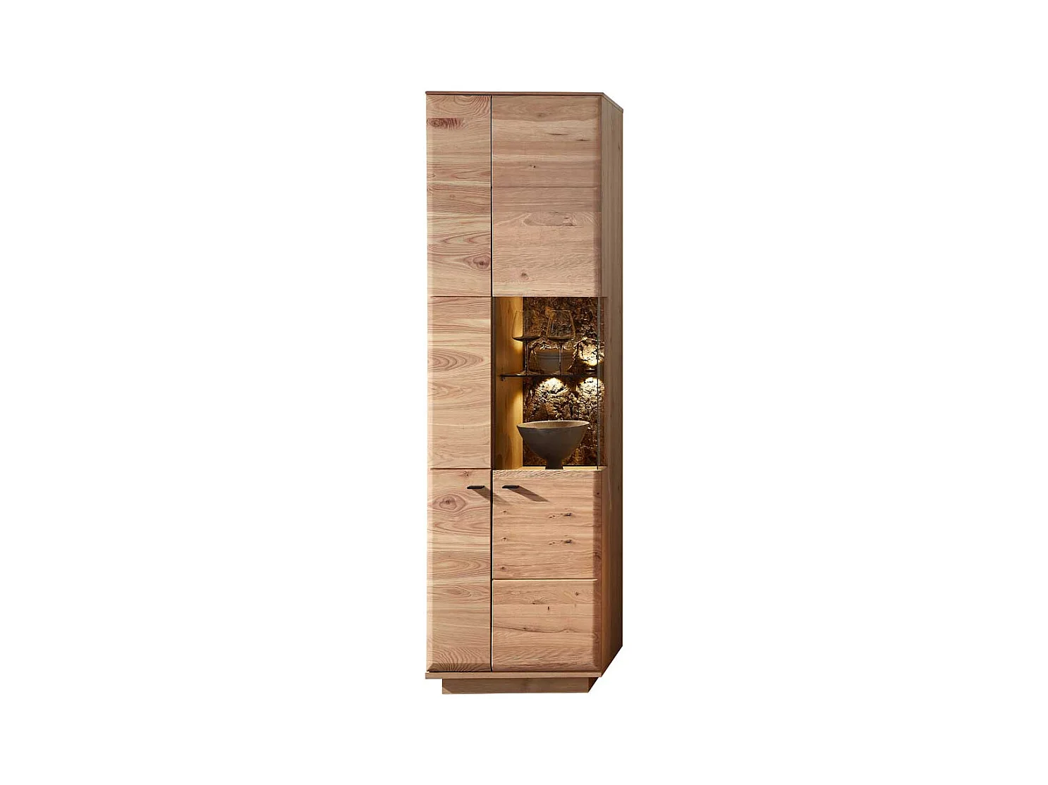 Schrank Vitrine teilmassiv 60 cm breit und 204 cm hoch Metallgriffen