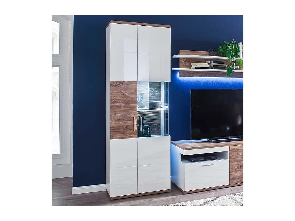 Design Vitrine in Weiß Hochglanz und Eiche Dekor 2-türig