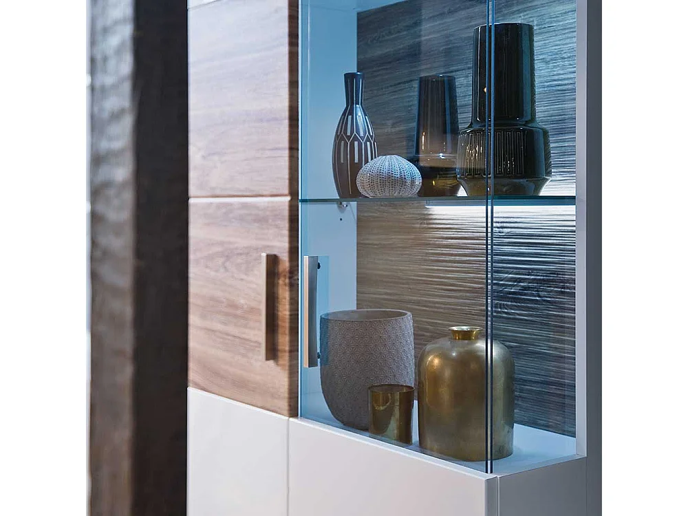 Design Vitrine in Weiß Hochglanz und Eiche Dekor 2-türig