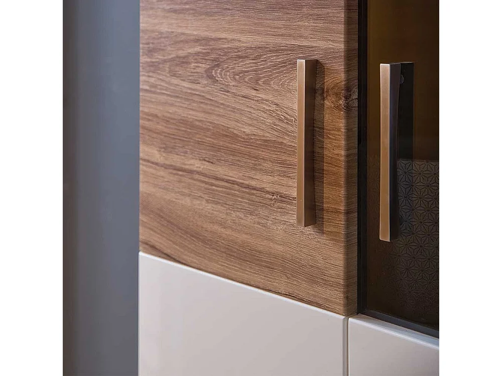 Design Vitrine in Weiß Hochglanz und Eiche Dekor 2-türig