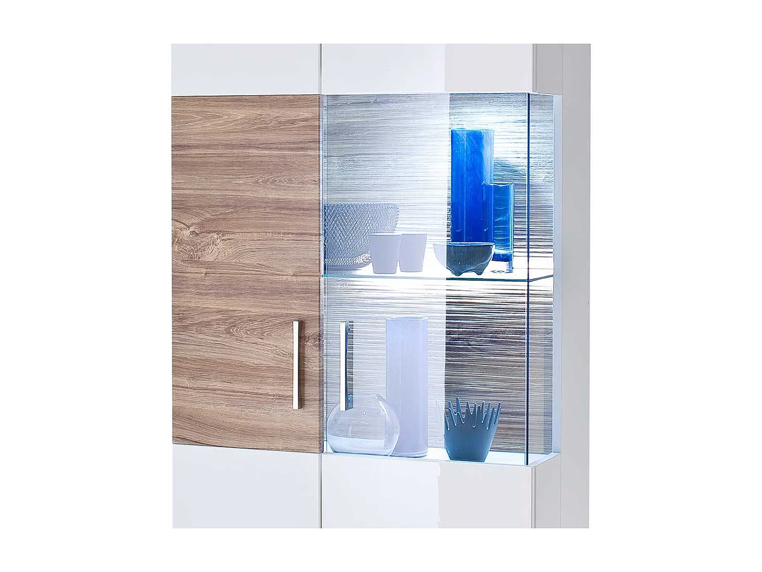 Design Vitrine in Weiß Hochglanz und Eiche Dekor 2-türig