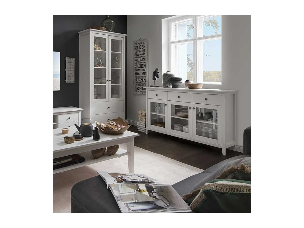 Sideboard Vitrine in Weiß Kiefer Massivholz