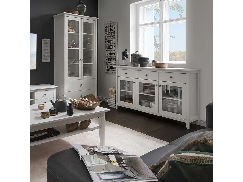 Sideboard Vitrine in Weiß Kiefer Massivholz