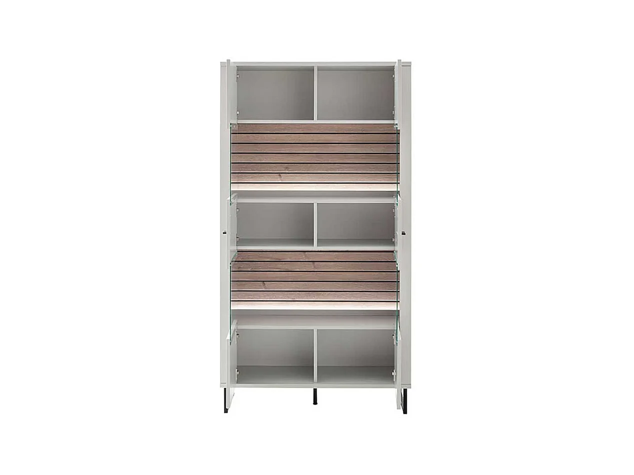 Vitrinenschrank weiß modern Rückwand Wildeiche Holzoptik 185 cm hoch