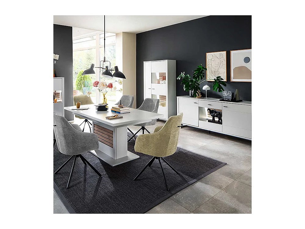 Vitrinenschrank weiß modern Rückwand Wildeiche Holzoptik 185 cm hoch