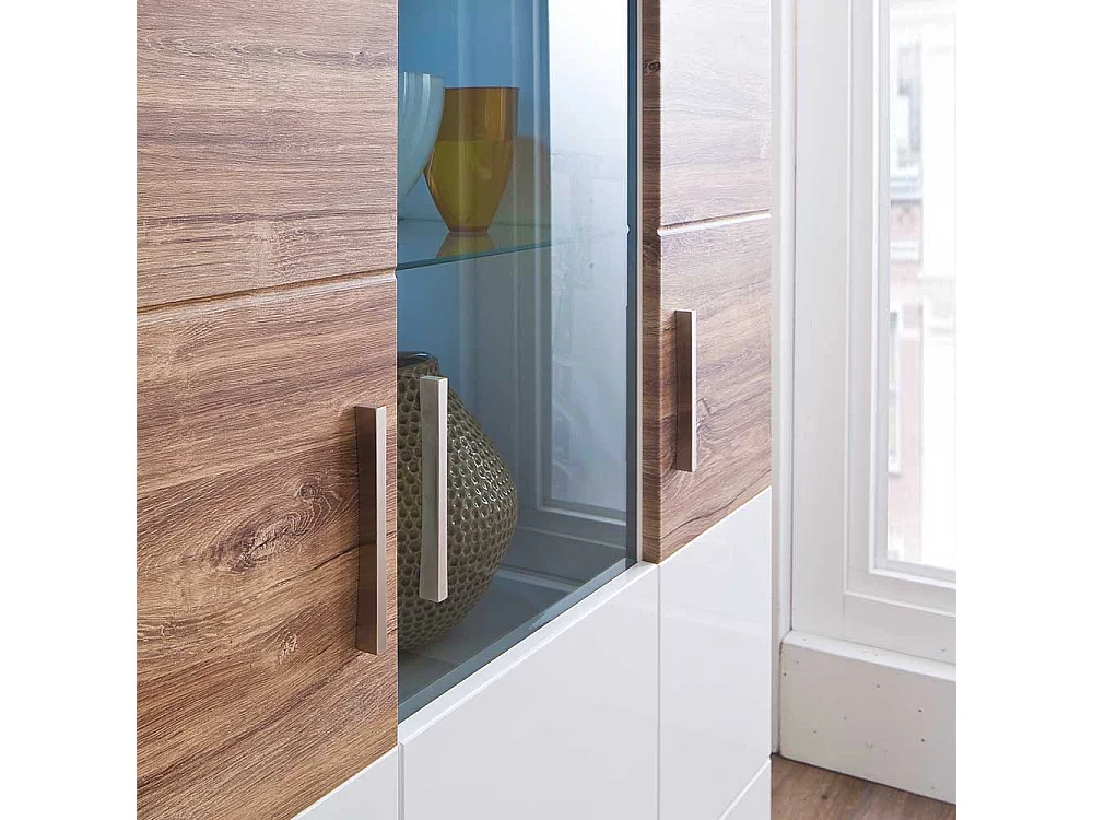 Kombi Vitrine in Weiß Hochglanz und Eiche Dekor 100 cm breit
