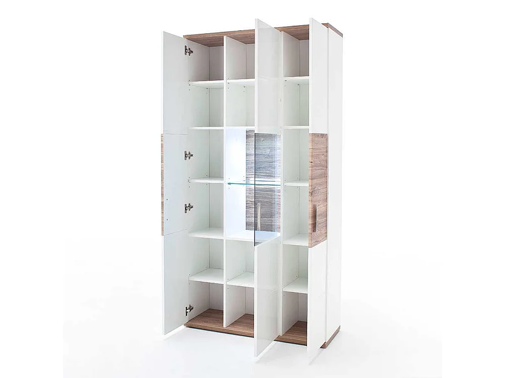 Kombi Vitrine in Weiß Hochglanz und Eiche Dekor 100 cm breit