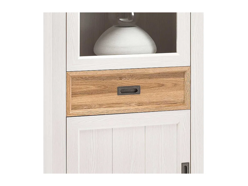 Landhaus Vitrine in Weiß und Wildeiche Dekor 205 cm hoch