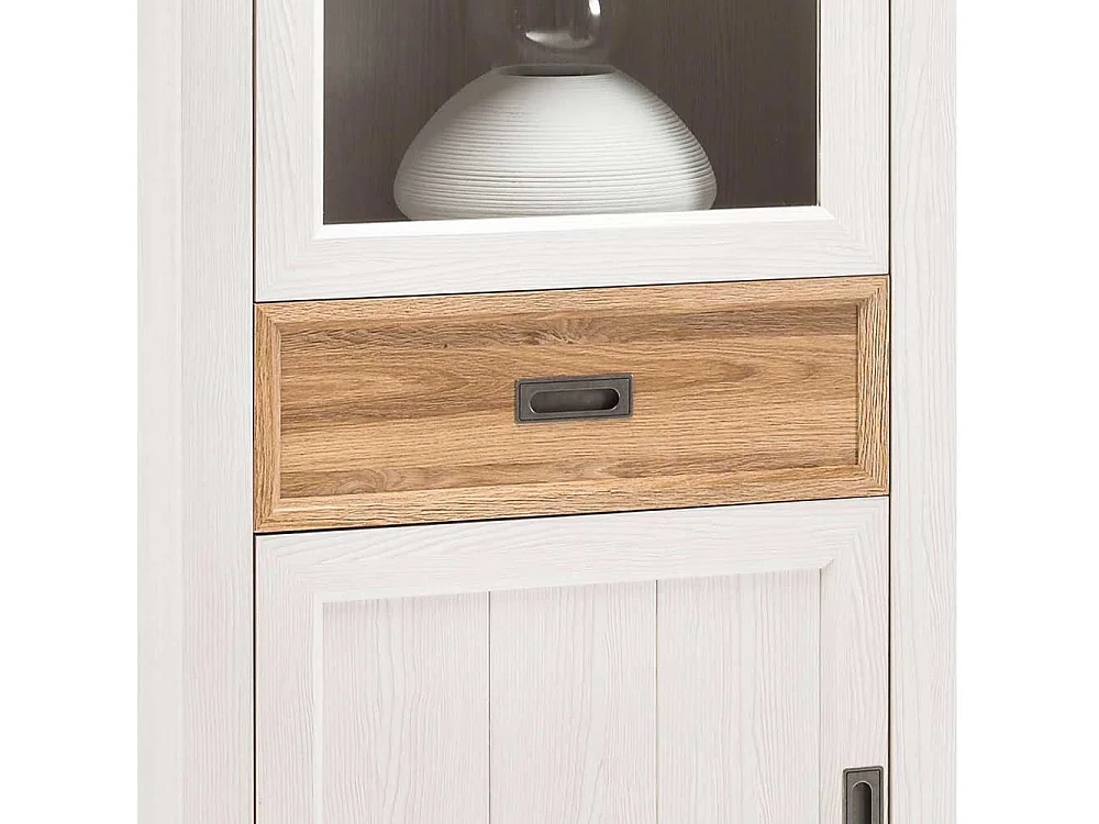 Landhaus Vitrine in Weiß und Wildeiche Dekor 205 cm hoch