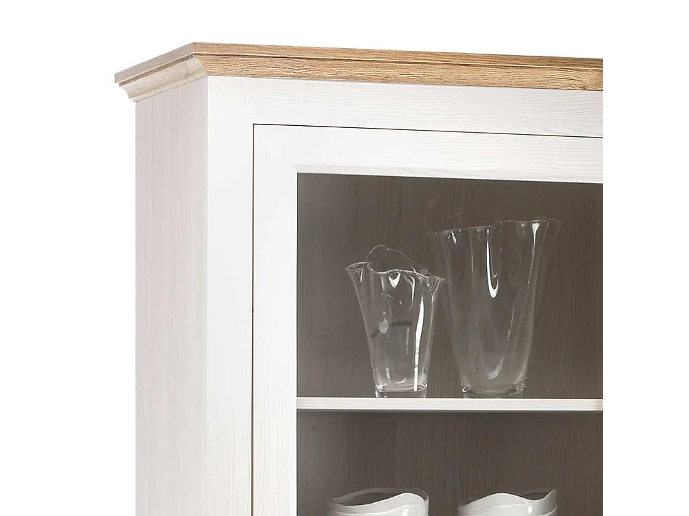 Landhaus Vitrine in Weiß und Wildeiche Dekor 205 cm hoch