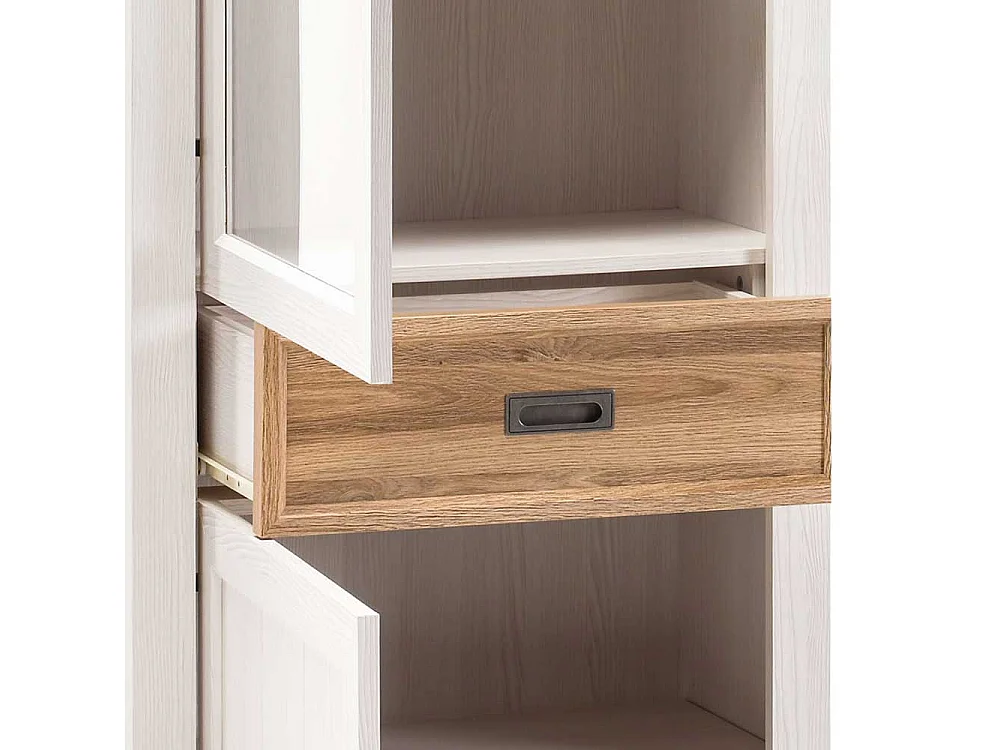 Landhaus Vitrine in Weiß und Wildeiche Dekor 205 cm hoch