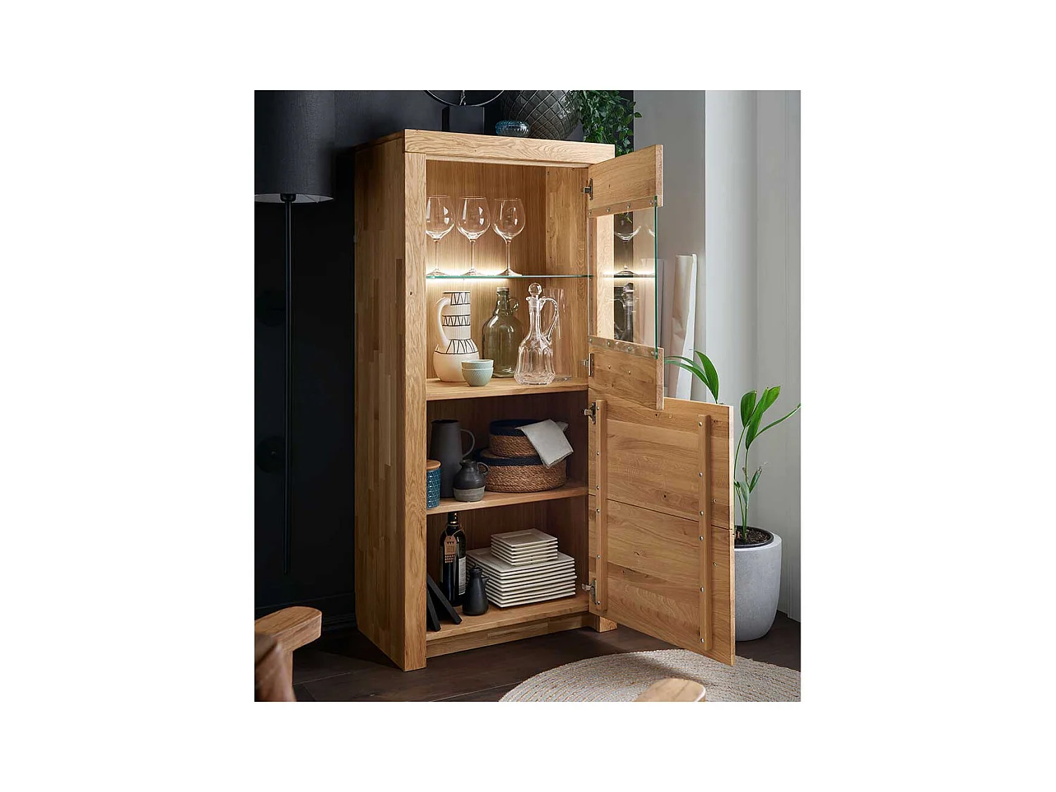 Vitrinenschrank aus Wildeiche Massivholz 1 Glastür 1 Holztür