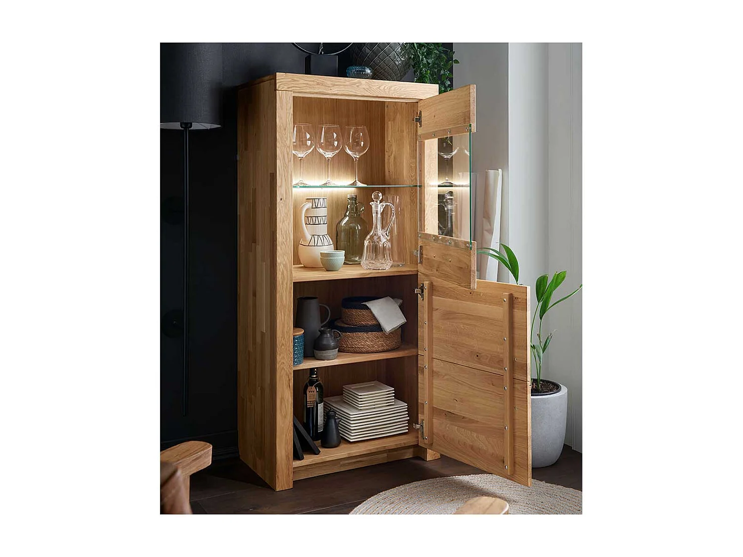 Vitrinenschrank aus Wildeiche Massivholz 1 Glastür 1 Holztür