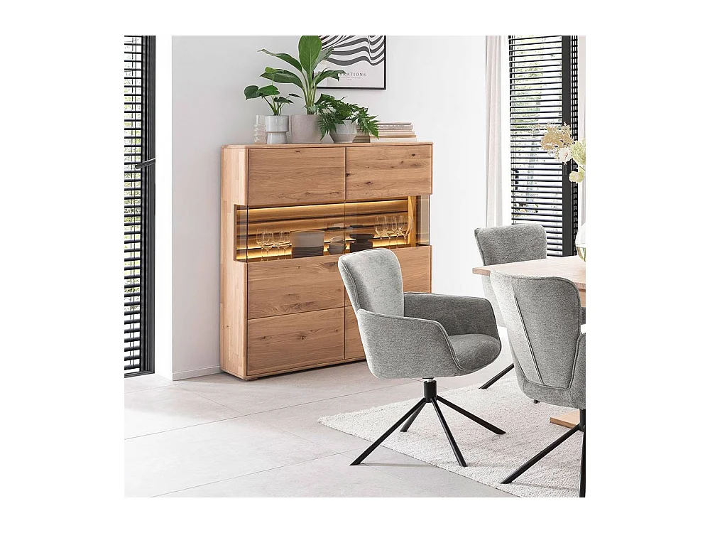 Highboard Esszimmer Vitrine aus Asteiche Massivholz mit Metallgriffen